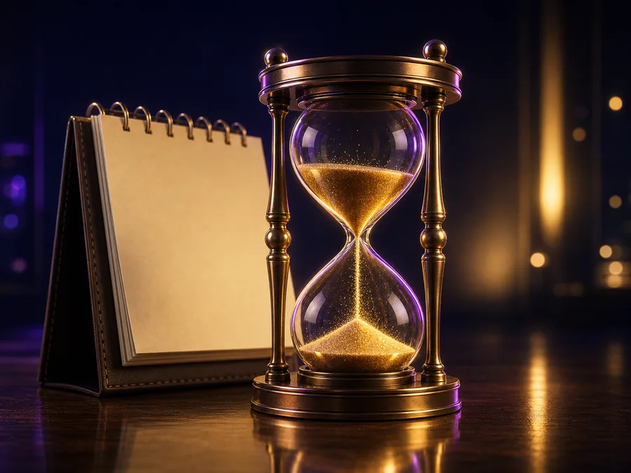 Calendario da tavolo con una clessidra in bronzo su una scrivania in noce