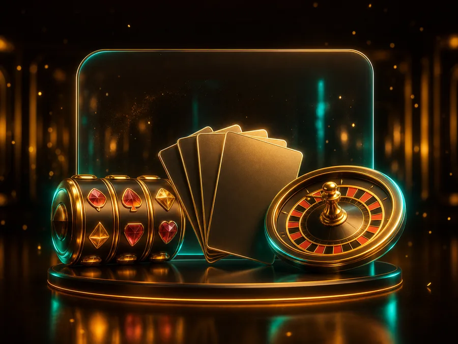 Composizione illustrativa di rulli di slot, carte da gioco e una roulette su sfondo color cacao