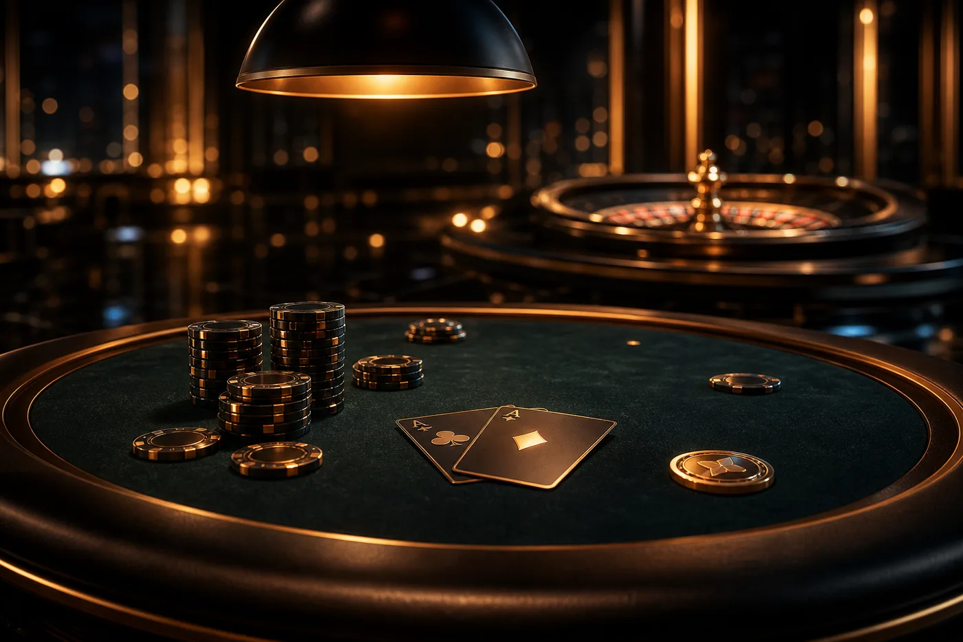 Ambiente elegante di un casinò online con tavolo da gioco illuminato da luce calda color bronzo