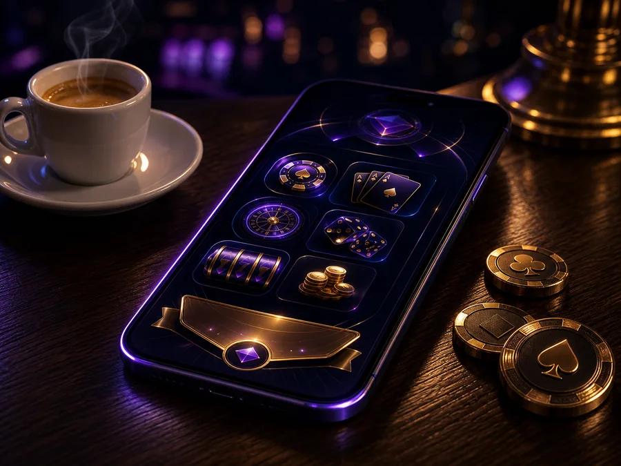 Smartphone appoggiato su un tavolo in legno scuro con l'interfaccia di un casinò online aperta nel browser