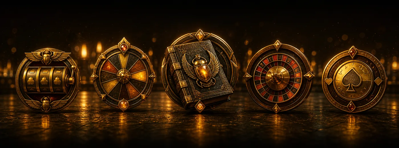 Emblemi illustrativi di giochi da casinò: rulli dorati, una ruota della fortuna e simboli antichi su sfondo color cacao