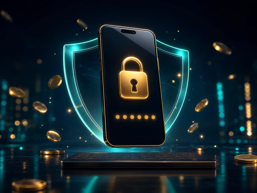 Smartphone con lucchetto e codice di sicurezza accanto a una tastiera