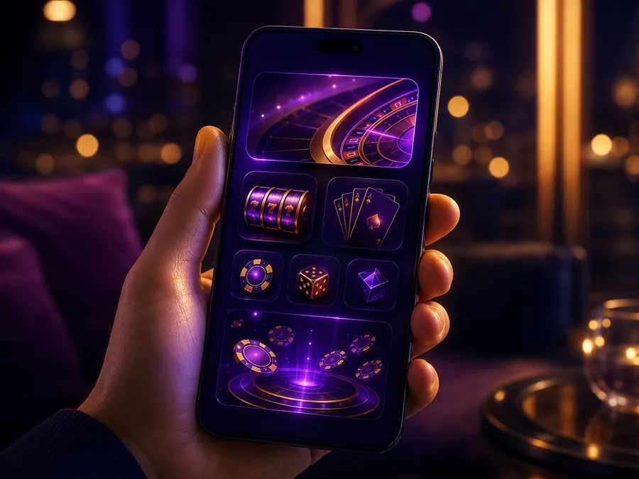 Mano che tiene uno smartphone con un sito di casinò aperto nel browser